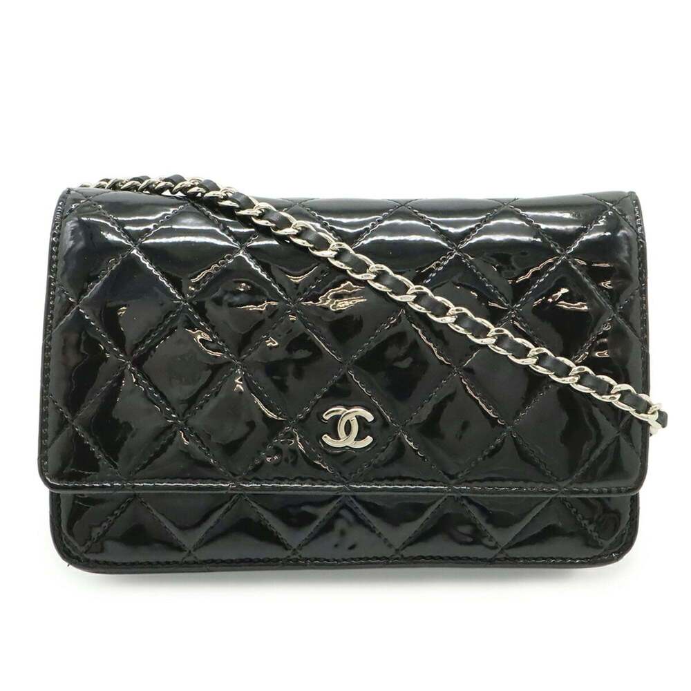 CHANEL Matelassé Coco Mark Wallet Chain Shoulder Bag Enamel Patent Leather Bl... - Picture 2 of 10